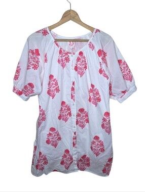 Victoria Dunn White Red Pink Floral Block Print Short Sleeve Shirt Dress Size XS